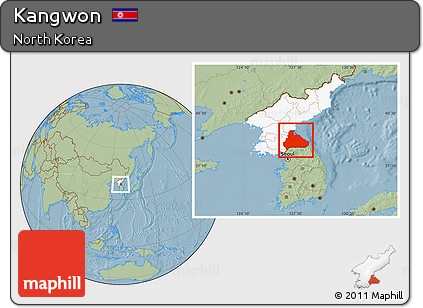 Savanna Style Location Map of Kangwon, highlighted country, hill shading