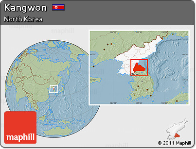 Savanna Style Location Map of Kangwon, highlighted country, hill shading