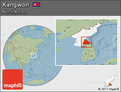 Savanna Style Location Map of Kangwon, highlighted country, hill shading