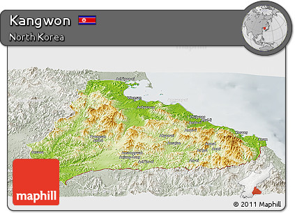 Physical Panoramic Map of Kangwon, lighten, semi-desaturated