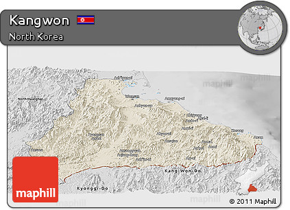 Shaded Relief Panoramic Map of Kangwon, desaturated