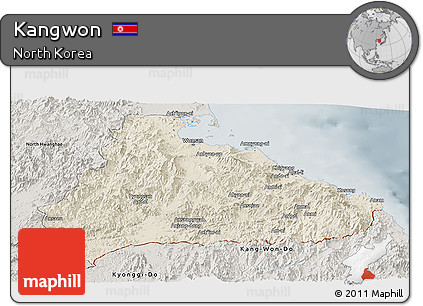 Shaded Relief Panoramic Map of Kangwon, semi-desaturated