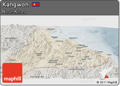 Shaded Relief Panoramic Map of Kangwon, semi-desaturated