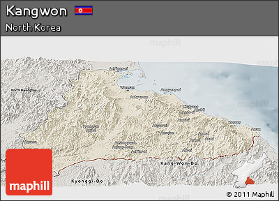 Shaded Relief Panoramic Map of Kangwon, semi-desaturated