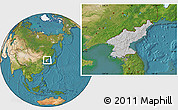 Gray Location Map of North Korea, satellite outside, hill shading