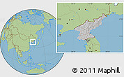 Gray Location Map of North Korea, savanna style outside, hill shading inside