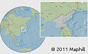 Gray Location Map of North Korea, savanna style outside, hill shading