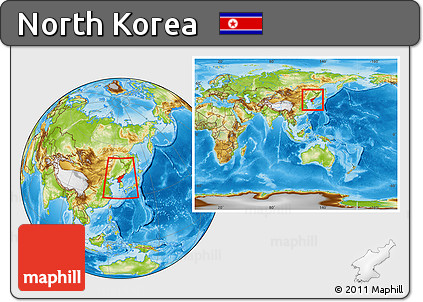 Physical Location Map of North Korea, within the entire continent