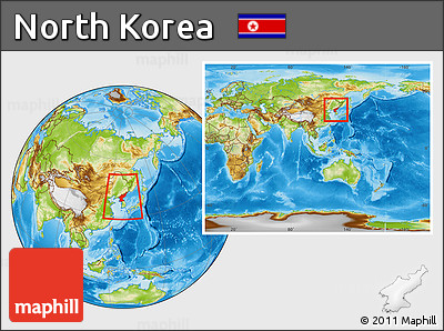 Physical Location Map of North Korea, within the entire continent