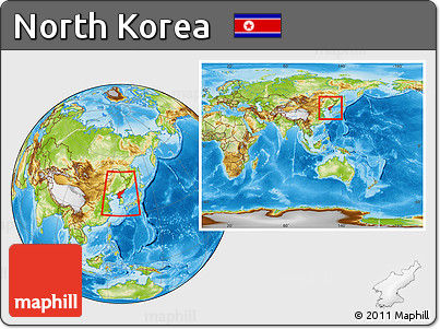 Physical Location Map of North Korea, within the entire continent