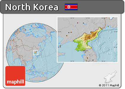 Physical Location Map of North Korea, gray outside, hill shading