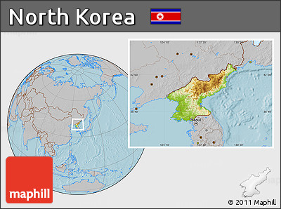 Physical Location Map of North Korea, gray outside, hill shading