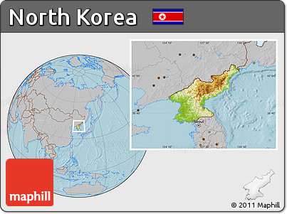 Physical Location Map of North Korea, gray outside, hill shading