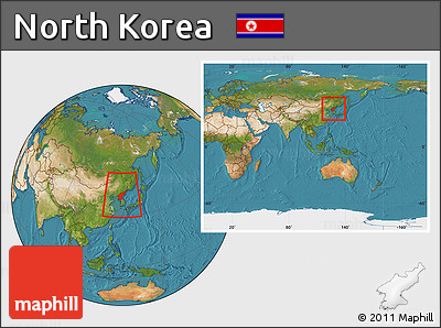 Satellite Location Map of North Korea, within the entire continent