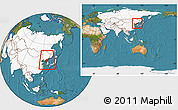 Satellite Location Map of North Korea, highlighted continent, within the entire continent
