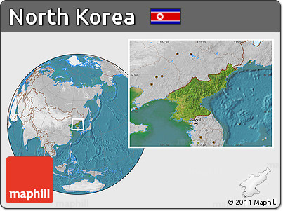 Satellite Location Map of North Korea, lighten, desaturated, land only