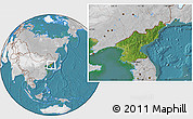 Satellite Location Map of North Korea, lighten, desaturated, land only