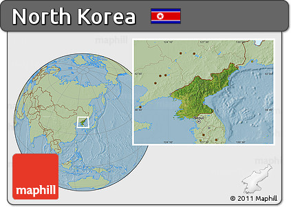 Satellite Location Map of North Korea, savanna style outside, hill shading