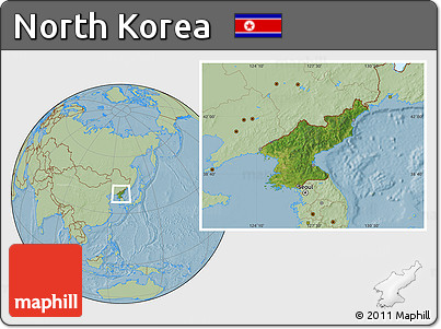 Satellite Location Map of North Korea, savanna style outside, hill shading