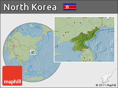 Satellite Location Map of North Korea, savanna style outside, hill shading