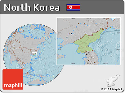 Savanna Style Location Map of North Korea, gray outside, hill shading outside