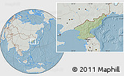 Savanna Style Location Map of North Korea, lighten, semi-desaturated, land only, hill shading