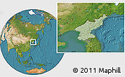 Savanna Style Location Map of North Korea, satellite outside, hill shading