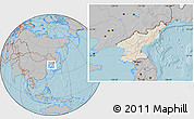 Shaded Relief Location Map of North Korea, gray outside, hill shading