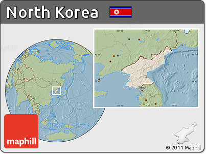 Shaded Relief Location Map of North Korea, savanna style outside, hill shading