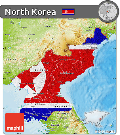 Flag Map of North Korea, physical outside, bathymetry sea, flag centered