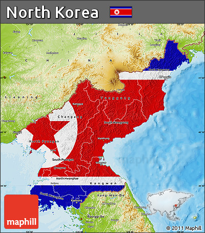 Flag Map of North Korea, physical outside, bathymetry sea, flag centered