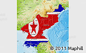 Flag Map of North Korea, physical outside, bathymetry sea