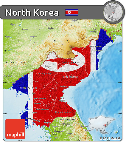 Flag Map of North Korea, physical outside, flag rotated