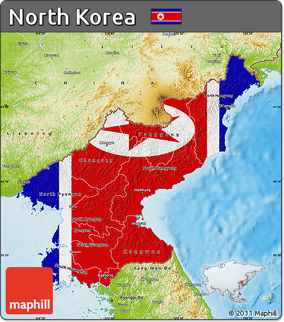 Flag Map of North Korea, physical outside, flag rotated