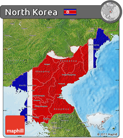 Flag Map of North Korea, satellite outside, bathymetry sea, flag aligned to the middle