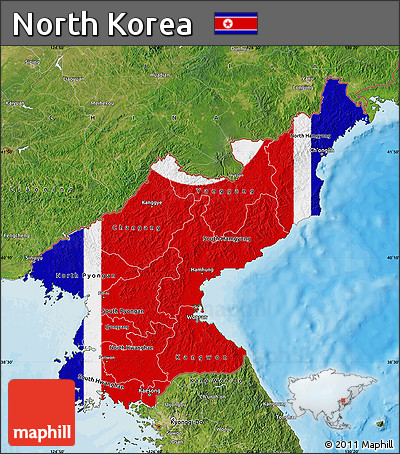 Flag Map of North Korea, satellite outside, bathymetry sea, flag aligned to the middle
