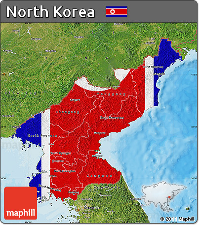 Flag Map of North Korea, satellite outside, bathymetry sea, flag aligned to the middle