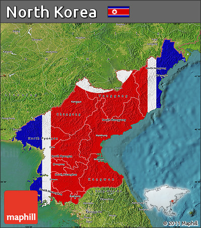 Flag Map of North Korea, satellite outside, flag aligned to the middle