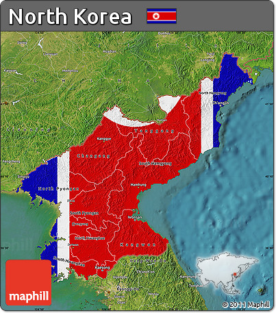 Flag Map of North Korea, satellite outside, flag aligned to the middle
