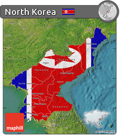Flag Map of North Korea, satellite outside, flag rotated