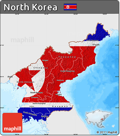 Flag Map of North Korea, single color outside, bathymetry sea, flag centered