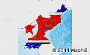 Flag Map of North Korea, single color outside, bathymetry sea, shaded relief sea, flag centered