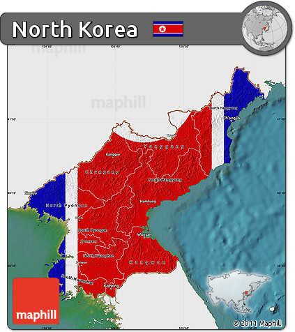 Flag Map of North Korea, single color outside, satellite sea, flag aligned to the middle