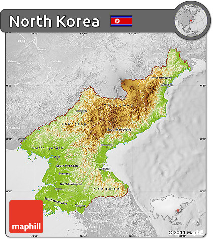 Physical Map of North Korea, lighten, desaturated