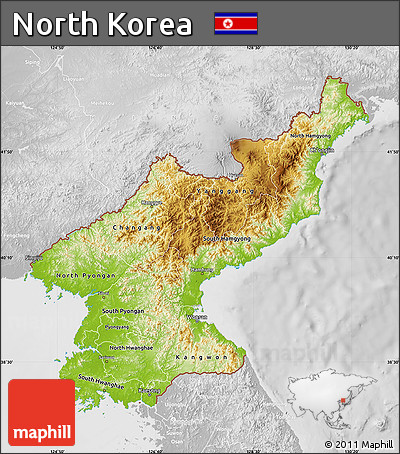Physical Map of North Korea, lighten, desaturated