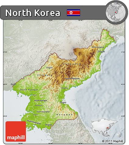 Physical Map of North Korea, lighten, semi-desaturated