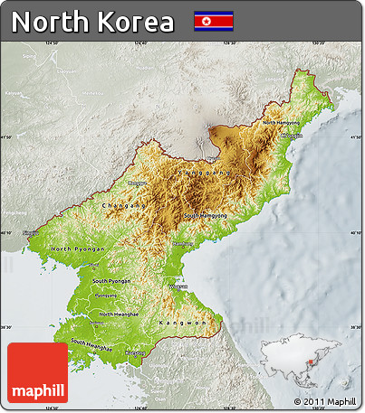 Physical Map of North Korea, lighten, semi-desaturated