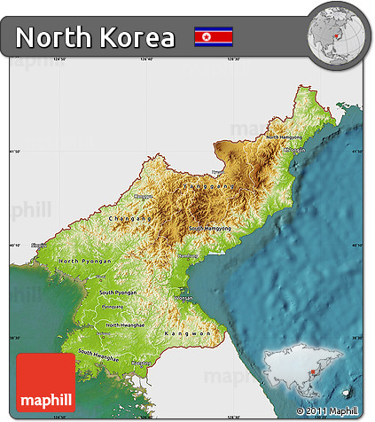Physical Map of North Korea, single color outside, satellite sea