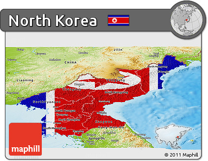 Flag Panoramic Map of North Korea, physical outside, flag rotated