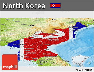 Flag Panoramic Map of North Korea, physical outside, flag rotated